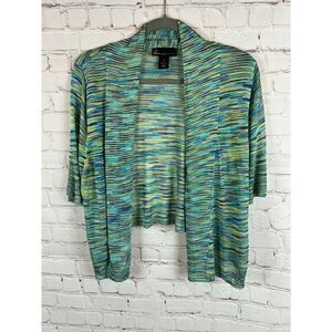 LANE BRYANT blue green black yellow striped knit open front cardigan sweater 16